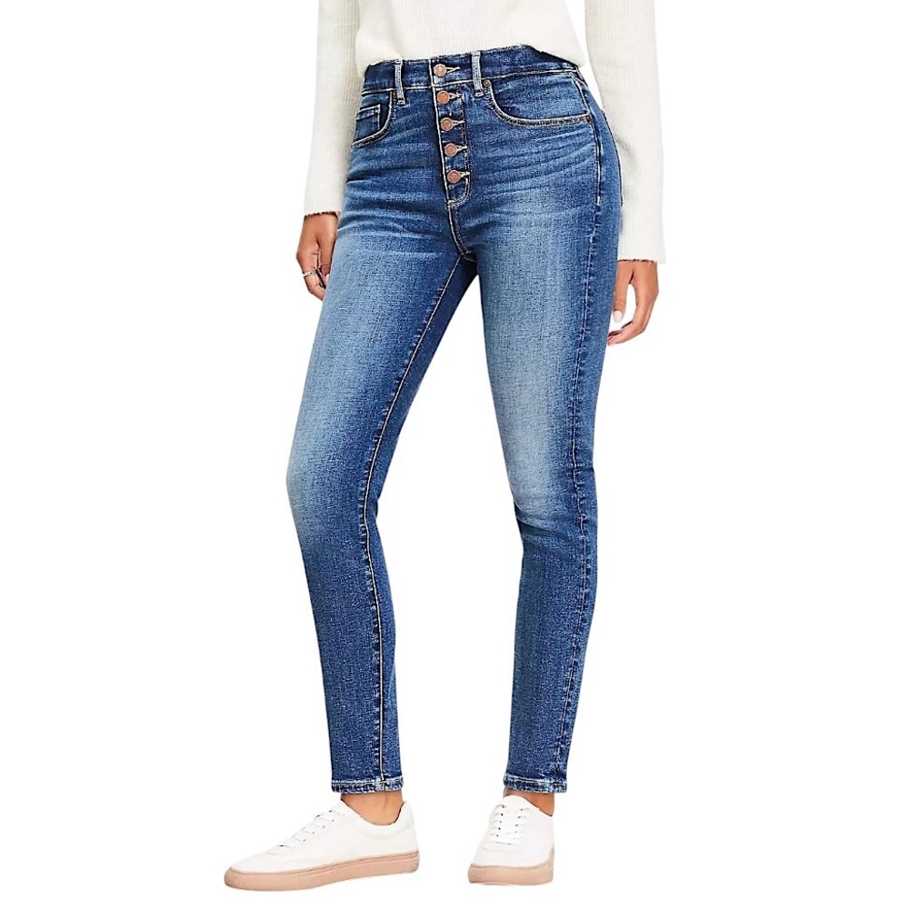 NWT Loft Curvy Button Front Button Fly High Rise Skinny Jeans Blue Size 34 or 18
